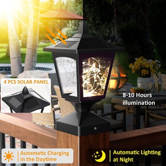 Solar Post Lights, 30 Pcs Bright LED, 4 Amorphous Silicon Solar Panels, (2 Pack) - Picture 2 of 6